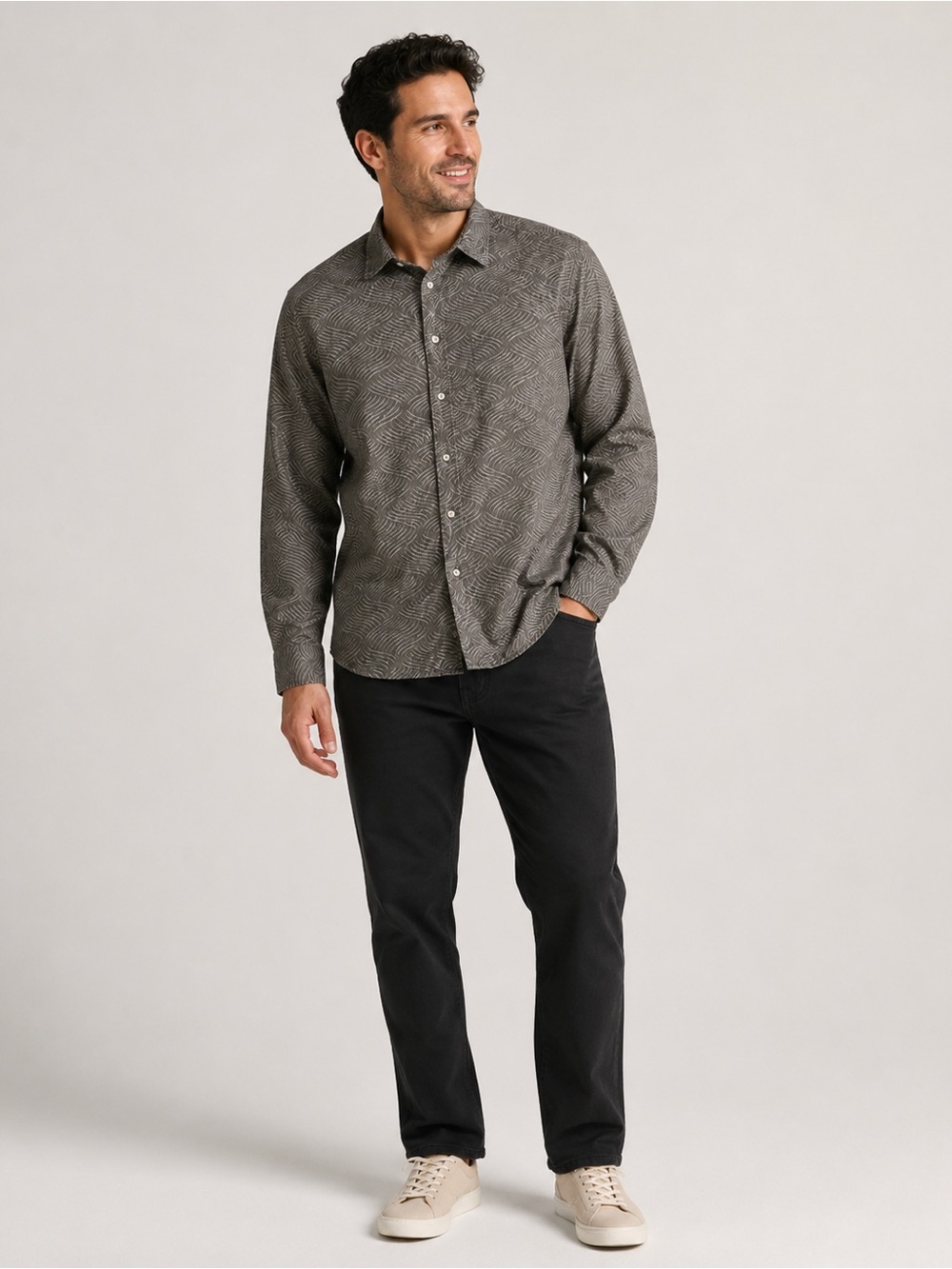 Armani Collezioni Men's Charcoal Wave-Pattern Button-Down Shirt